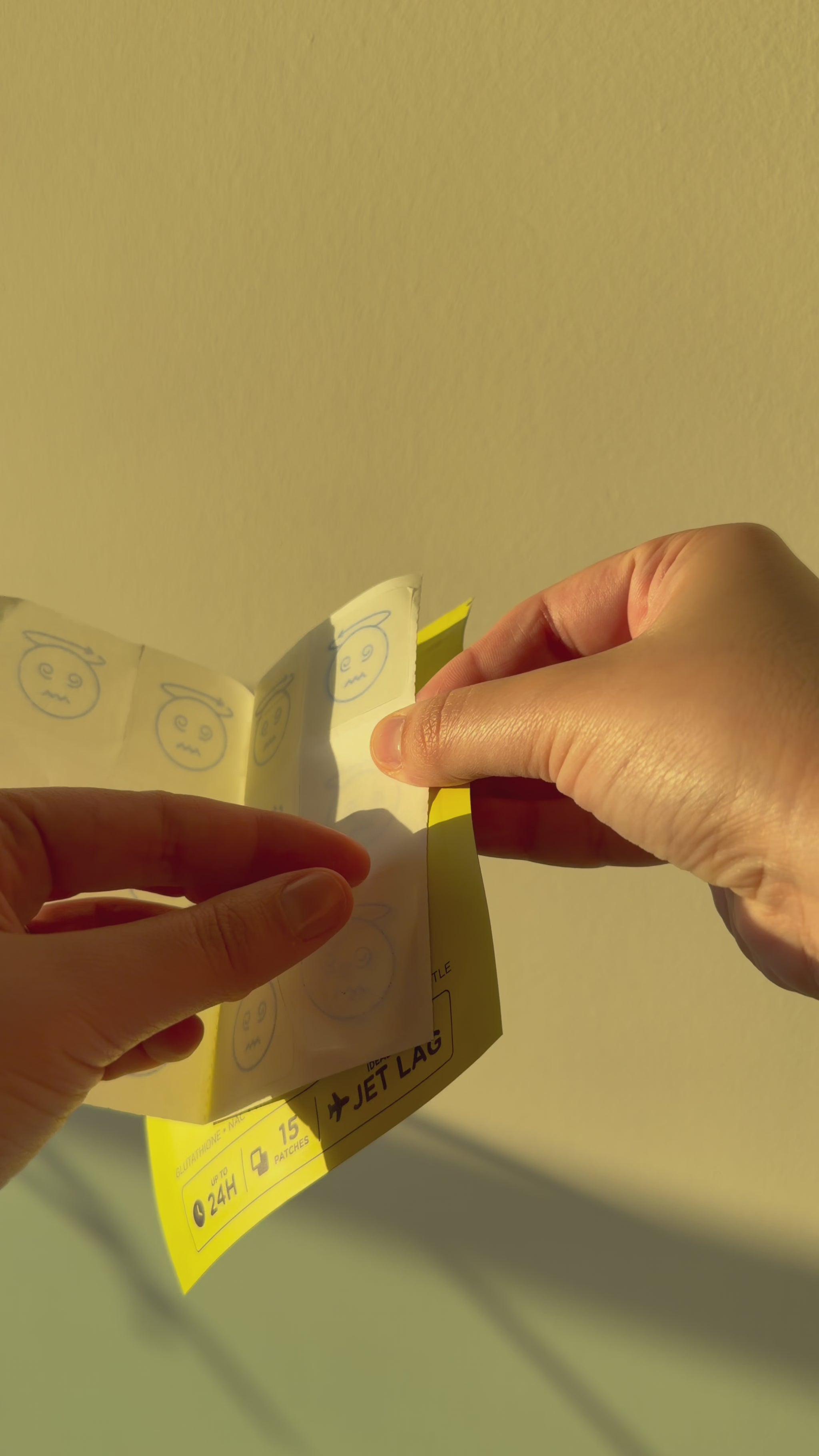 hands opening a pouch on a cream background